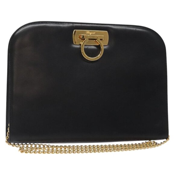 Salvatore Ferragamo Gancini Chain Shoulder Bag Leather Black Gold Auth yk18121